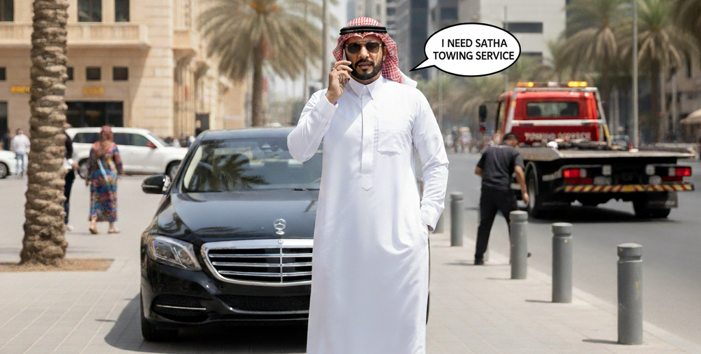 Towing operator securing a vehicle on a flatbed